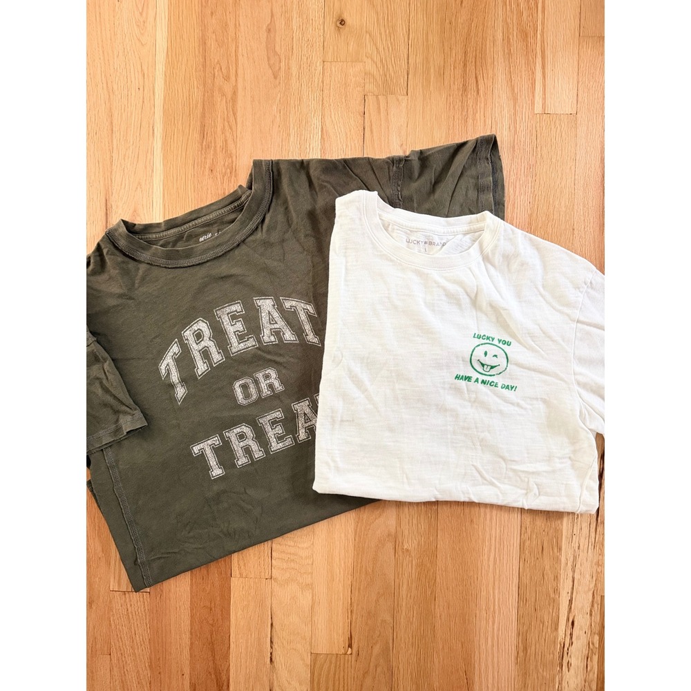 Oversized Tee Bundle of 2 Aerie Olive Green & Lucky White Graphic T-Shirts L